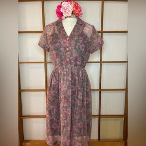 Vintage Hand Made Shirtwaist Pink Floral sheer  Dress